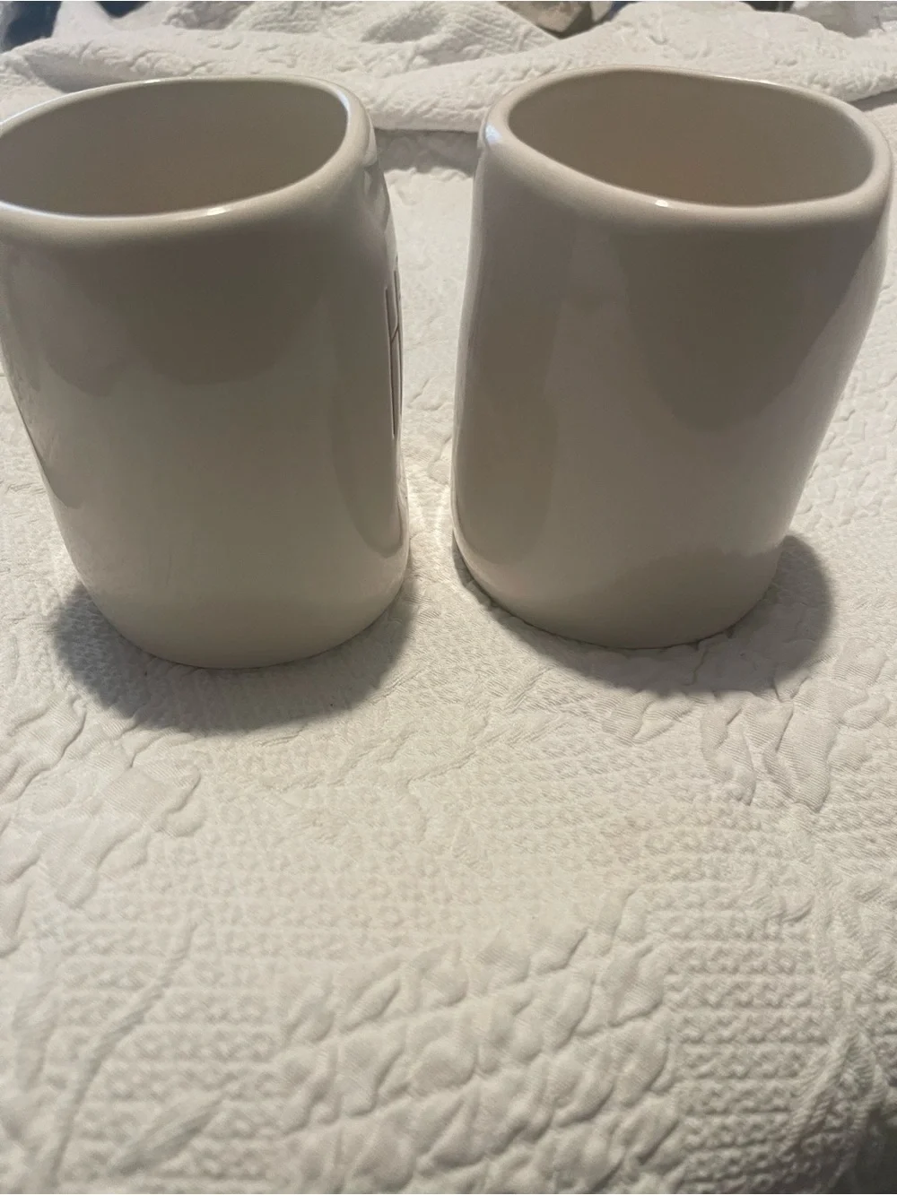 Rae Dunn White Ceramic Mug Set with Black Stamp His&Hers in red almost 5” High